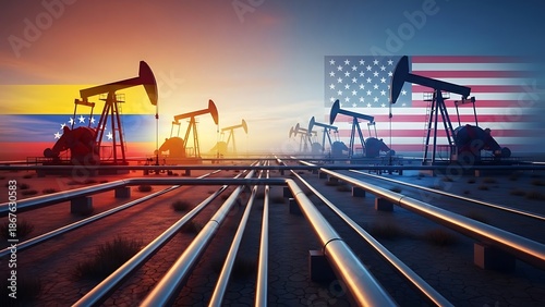 Oil pumps and pipelines symbolize US and Venezuelan energy relations at sunset