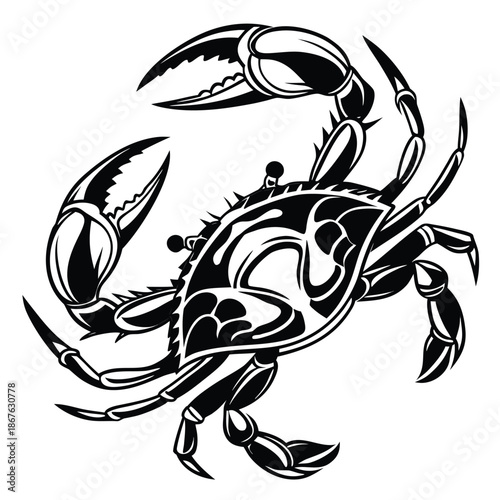 Tattoo-ready realistic blue crab vector with bold outlines and detailed shell texture. Designed for tattoo artists, apparel printing, posters, and marine-themed artwork. Clean black ink vector ensures