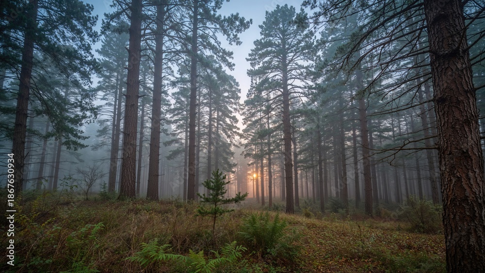 Obraz premium A tranquil forest scene at sunrise with tall pine trees and a misty atmosphere.
