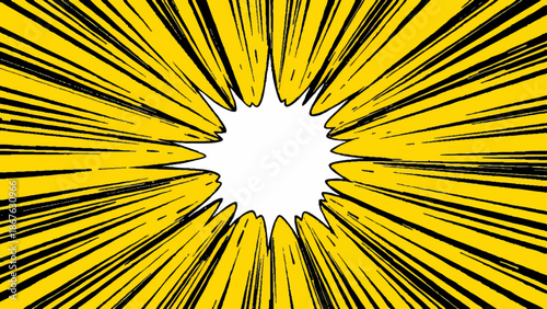 Abstract A dynamic, comic book style illustration bursting with vibrant yellow radiating lines from a central point, evoking speed and focus. The design is bold, graphic, and suggestive of explosion.