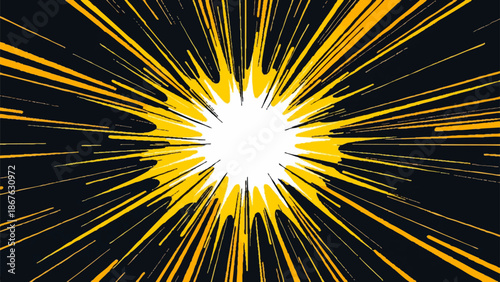 Abstract A dynamic burst of energy explodes outwards, featuring rays emanating from a focal point, symbolizing power and speed in an illustrative style.