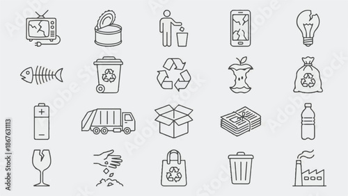 Waste, recycling, and environmental protection line icons set
