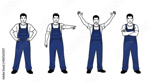 Four illustrations of a worker in blue overalls demonstrating different poses