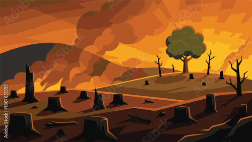 Environmental Devastation: Deforestation and Forest Fire Scene