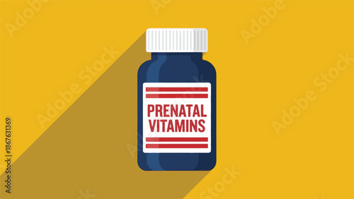 Prenatal vitamins bottle flat design on yellow background with shadow