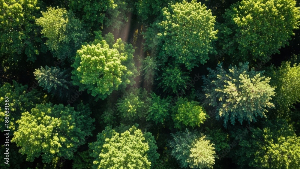 Naklejka premium Aerial top view of a dense green forest canopy with sunlight. Lush trees and foliage in natural woodland. Nature background with copy space
