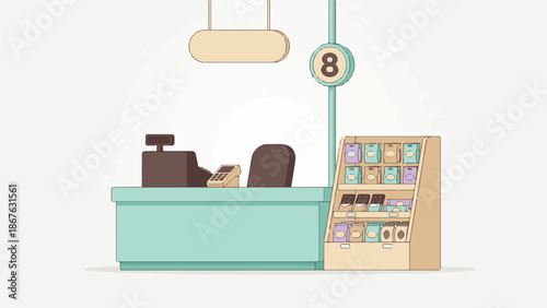 Minimalist store checkout counter illustration with cash register and snacks