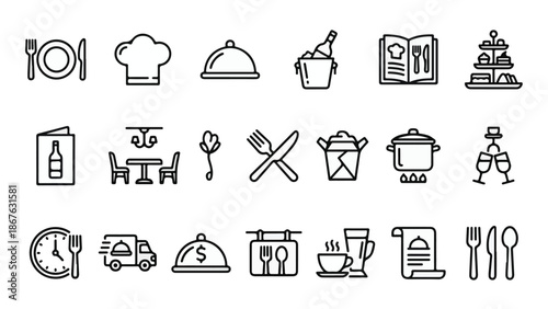 Food, Restaurant, and Catering Service Line Art Icon Set