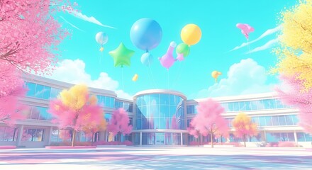 Keuken achterwand Turquoise Vibrant anime school scene with balloons under a bright blue sky  © abu naeem kazi