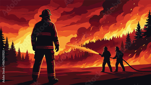 Firefighters bravely battling a massive forest fire at nightfall