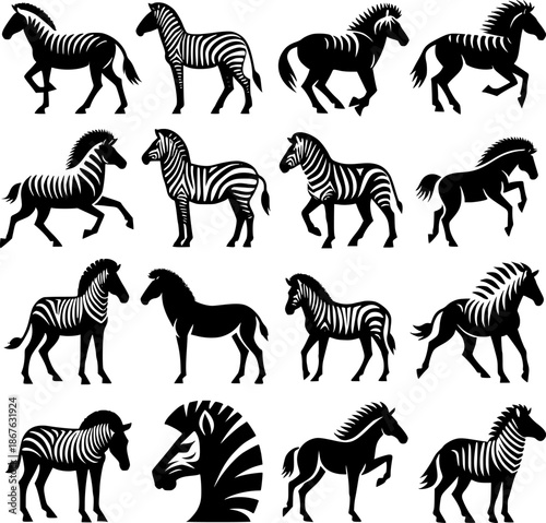 Collection of striking zebra and horse silhouettes in various dynamic poses
