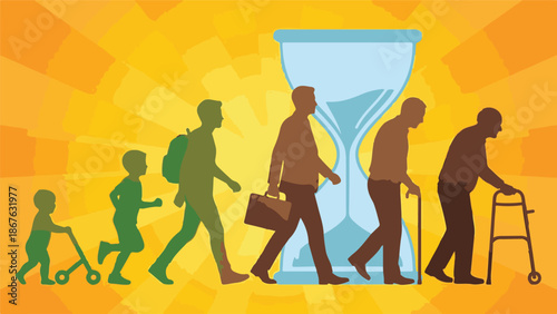 Generational life cycle with people aging over time and hourglass