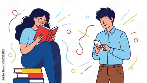 People engaging in traditional reading vs. digital smartphone use