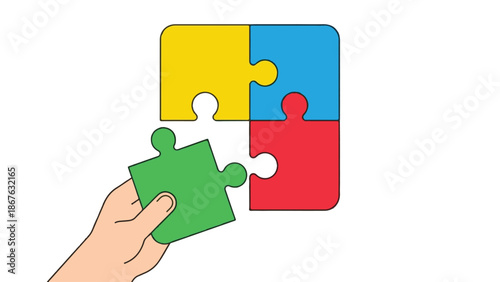 Hand placing the final green piece into a colorful four-piece puzzle grid