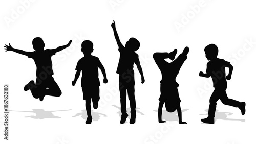 Silhouettes of active children playing, jumping, and running
