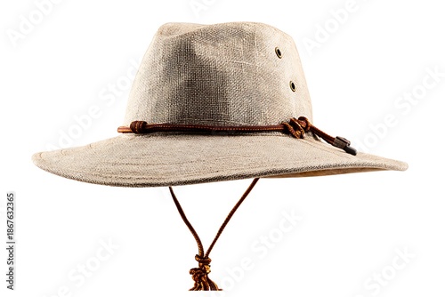 Stylish beige sun hat with chin strap and tassel detail