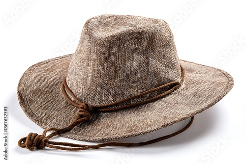 Stylish beige straw hat with brown chin strap and knot detail