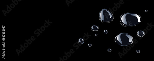 Rain black drops flow down the glass.Realistic wet condensation texture.