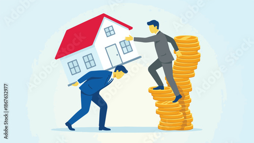 Businessman burdened by house while another climbs a money stack