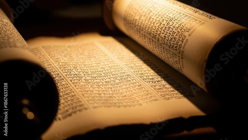 Close-up of an ancient Torah scroll with Hebrew script. Sacred Jewish religious manuscript on parchment. Holy book of Judaism and biblical history concept