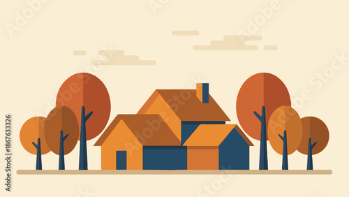 Flat design illustration of houses and autumn trees in a serene landscape