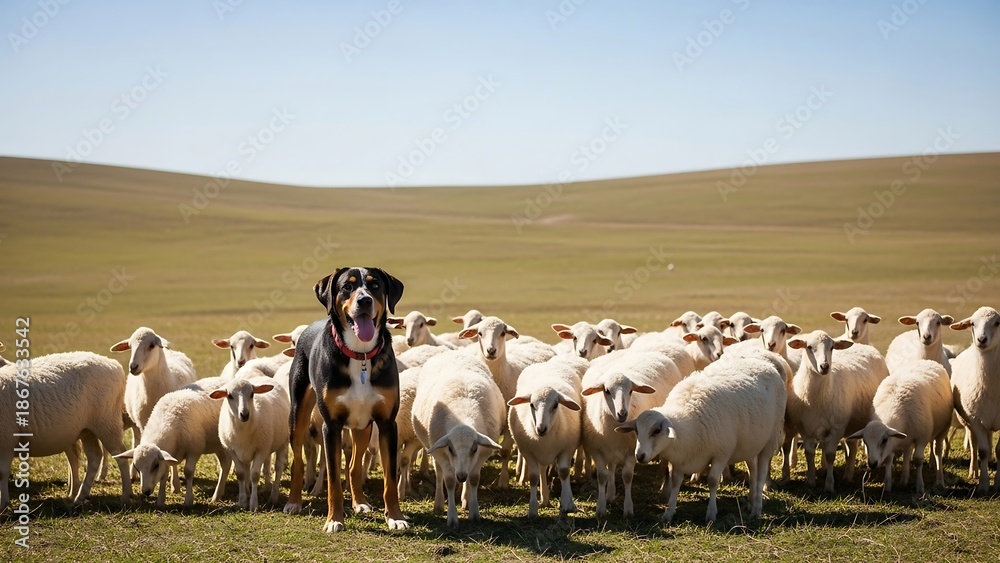 Fototapeta premium Dog herding flock of sheep outdoors.