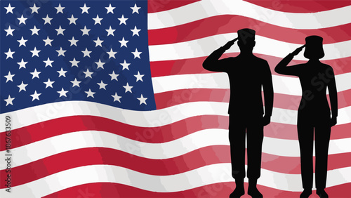 Saluting soldiers silhouettes against waving American flag, patriotism concept