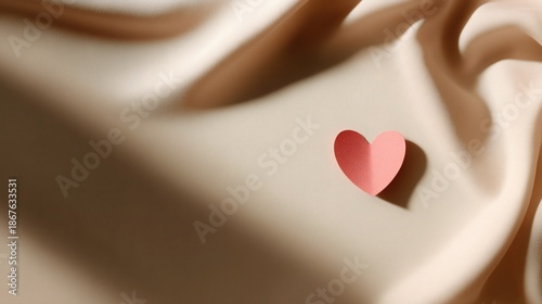 Small paper heart placed on softly folded fabric surface with natural light and shadow. Minimal romantic background with copy space.