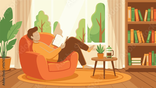Man reading a book in a comfortable armchair by the window at home.