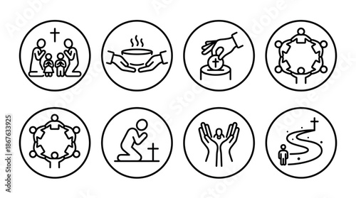 Set of Christian religious line art icons showing prayer, community, charity, donation, and spiritual journey concepts in a minimalist black and style
