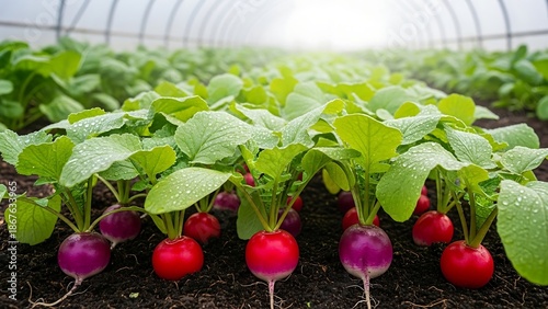 Fresh radish plants in greenhouse soil.