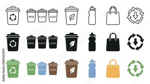 Set of recycling and waste sorting icons in line, silhouette, and color styles, including bins for paper, plastic, glass, and compost