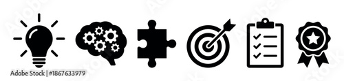 Black flat business process icon set representing idea, thinking, strategy, goal, planning, and achievement