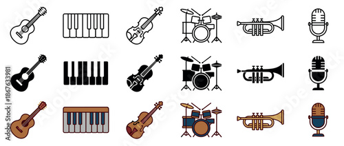 Musical instrument icon set with guitar, piano, violin, drums, trumpet, and microphone in outline, silhouette, and color styles, a versatile vector collection