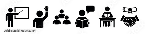 Set of black education and learning icons showing a teacher, student, graduation, and classroom activities in a minimalist flat vector style