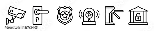 Set of security and protection icons featuring a CCTV camera, door lock, police badge, motion sensor alarm, turnstile, and secure building, in a simple outline style on