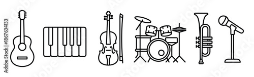 Set of musical instrument line art icons including guitar, piano, violin, drums, trumpet, and microphone