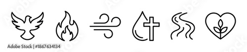 Set of Christian religious line icons representing the Holy Spirit, baptism, and new life, including a dove, fire, wind, water, and heart