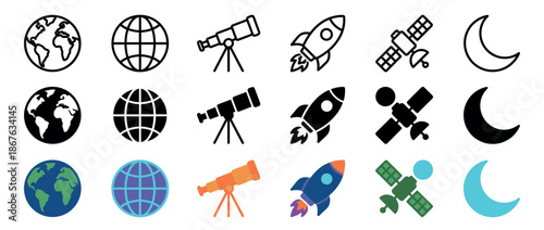 Set of space and astronomy vector icons including planet Earth, globe, telescope, rocket, satellite, and moon in line, solid, and flat color styles