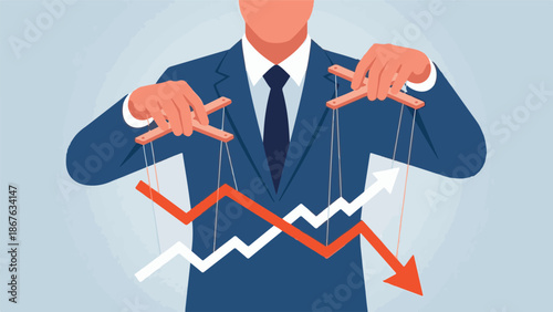Businessman puppet master controlling market trends and economic graphs