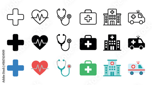 Collection of medical and healthcare icons in three different styles: line, solid glyph, and flat color, featuring a cross, heart, stethoscope, hospital, and ambulance