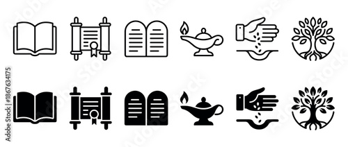 Set of black religious and spiritual symbols including a book, torah, commandments, oil lamp, sowing hand, and tree of life, in line and glyph versions