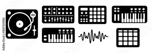 Set of black music production icons including a turntable, mixer, synthesizer, drum machine, and waveform in a minimalist silhouette style
