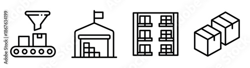 Logistics and supply chain line icon set representing production, warehousing, storage, and delivery, a minimalist black vector illustration