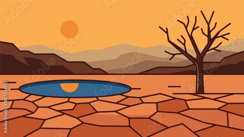 Minimalist illustration of arid desert landscape with a bare tree and small water puddle, symbolizing drought and climate change.