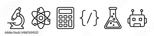 Set of six black line art icons representing STEM subjects like science, technology, engineering, and math, including a microscope, atom, calculator, code, flask, and robot