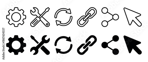 Set of black web interface icons in outline and solid styles, including gear, tools, refresh, link, share, and cursor symbols, for UI design