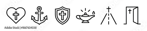 Set of black line art Christian icons representing faith, hope, and love, including a shield, anchor, heart, oil lamp, path, and door