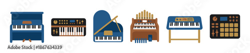 Collection of various keyboard musical instruments including a piano, organ, synthesizer, and drum machine, illustrated in a simple flat vector style
