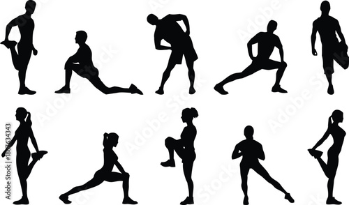 stretching, exercise, silhouette, vector, design, pose, fitness, health, lifestyle, healthy, warm up, sport, activity, graphic, illustration, element, print, web, mobile, infographic, poster, isolated